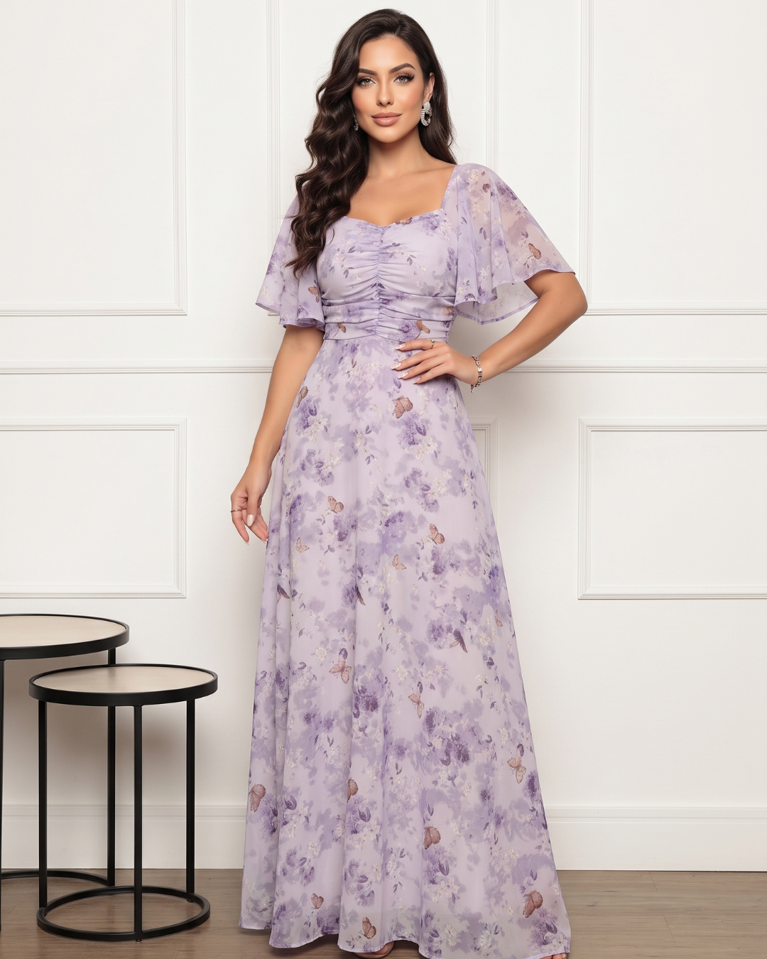 Vestido Longo Floral Com Decote Quadrado E Manga Fluida
