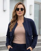Jaqueta Bomber Cropped Com Bolsos Frontais Utilitária