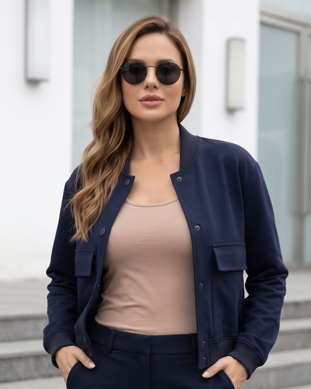 Jaqueta Bomber Cropped Com Bolsos Frontais Utilitária