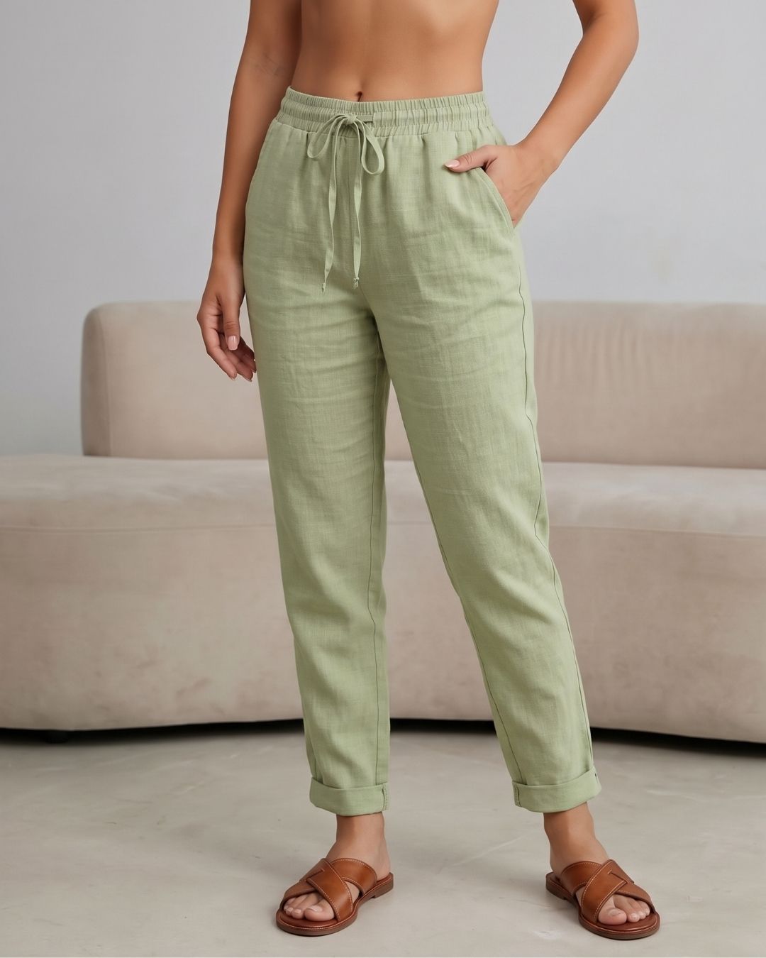 Calça Feminina Casual Com Cós Elástico E Cordão Ajustável