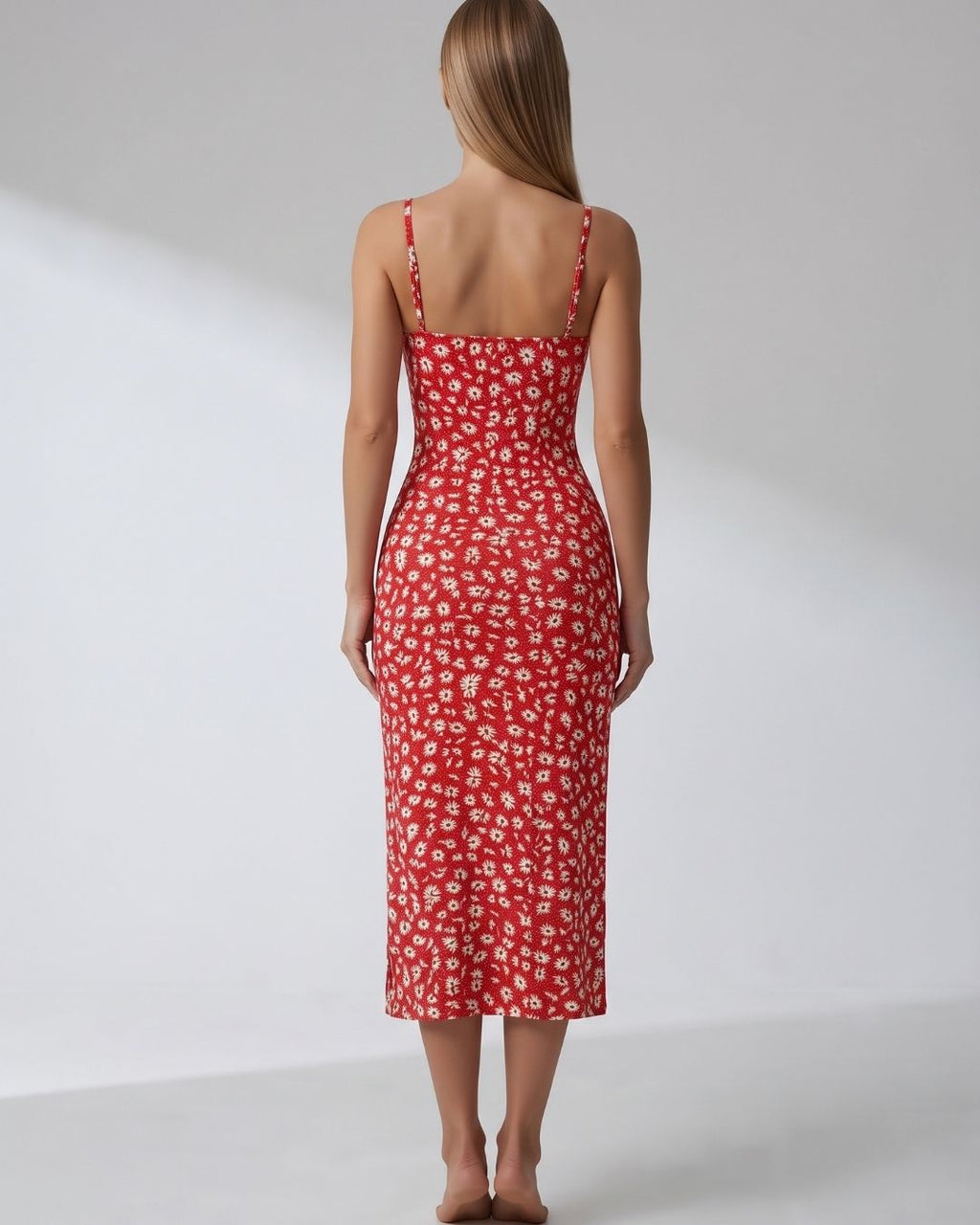 Vestido Midi Justo Alça Fina Com Fenda Estampado Floral