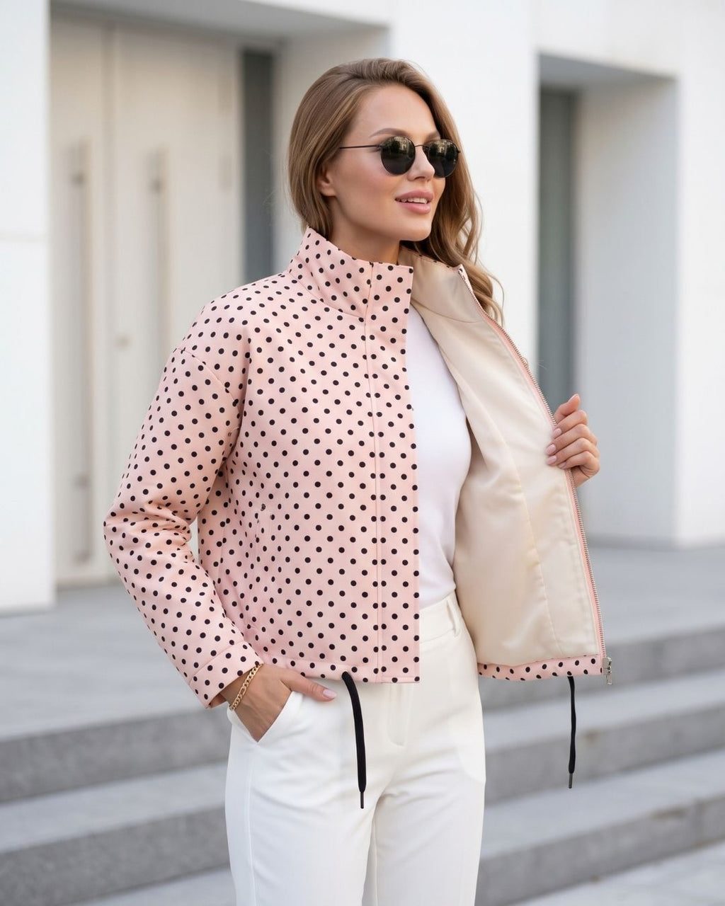 Jaqueta Feminina Puffer Estampada Com Poá E Gola Alta