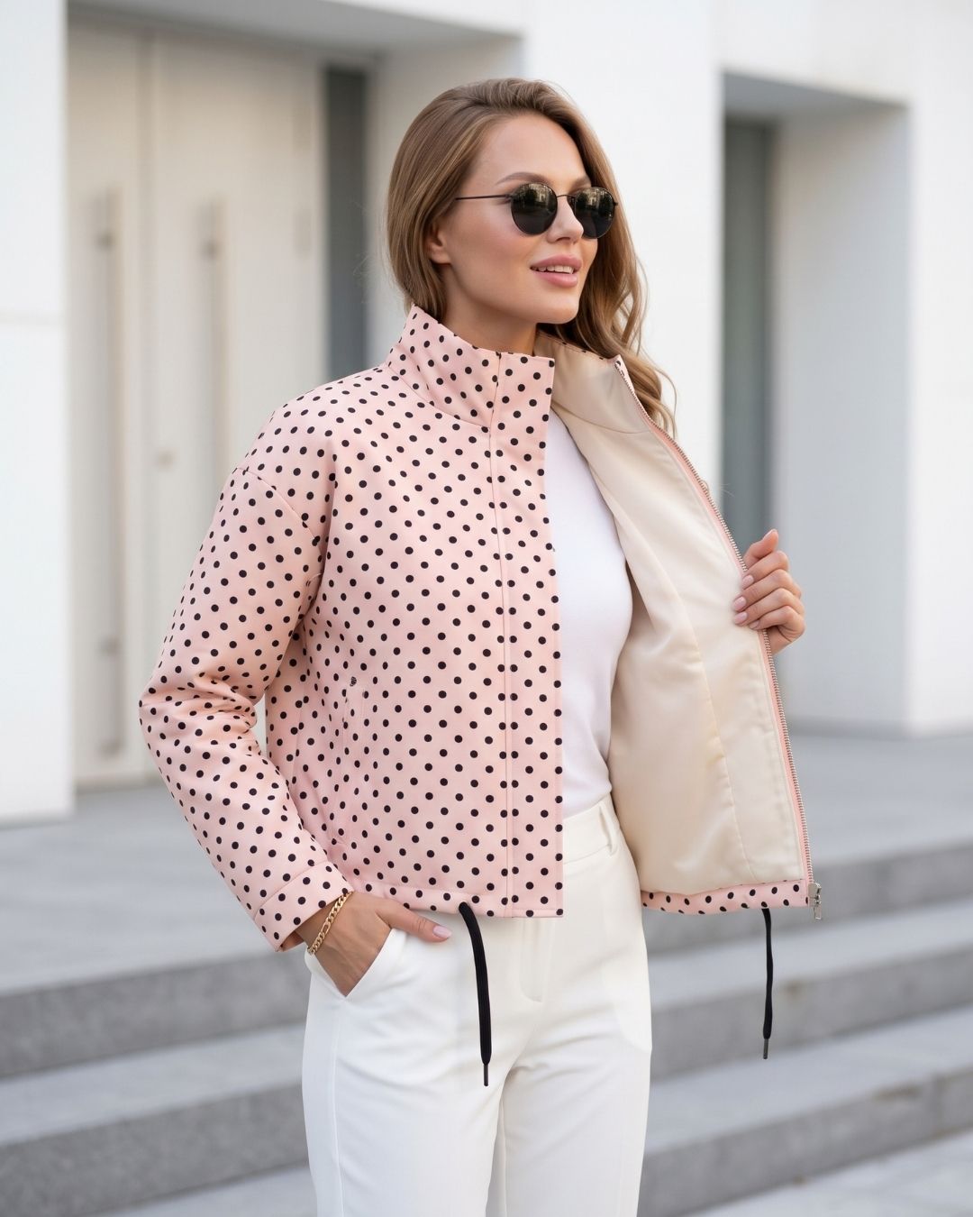 Jaqueta Feminina Puffer Estampada Com Poá E Gola Alta
