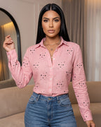 Camisa Feminina Casual Manga Longa Com Botões E Gola