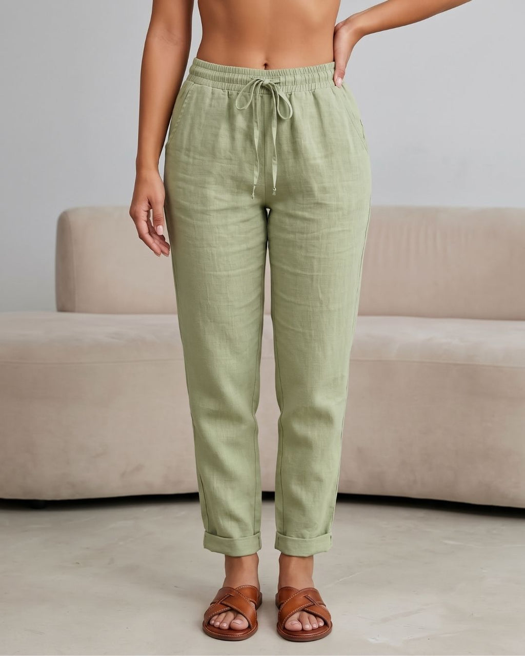 Calça Feminina Casual Com Cós Elástico E Cordão Ajustável