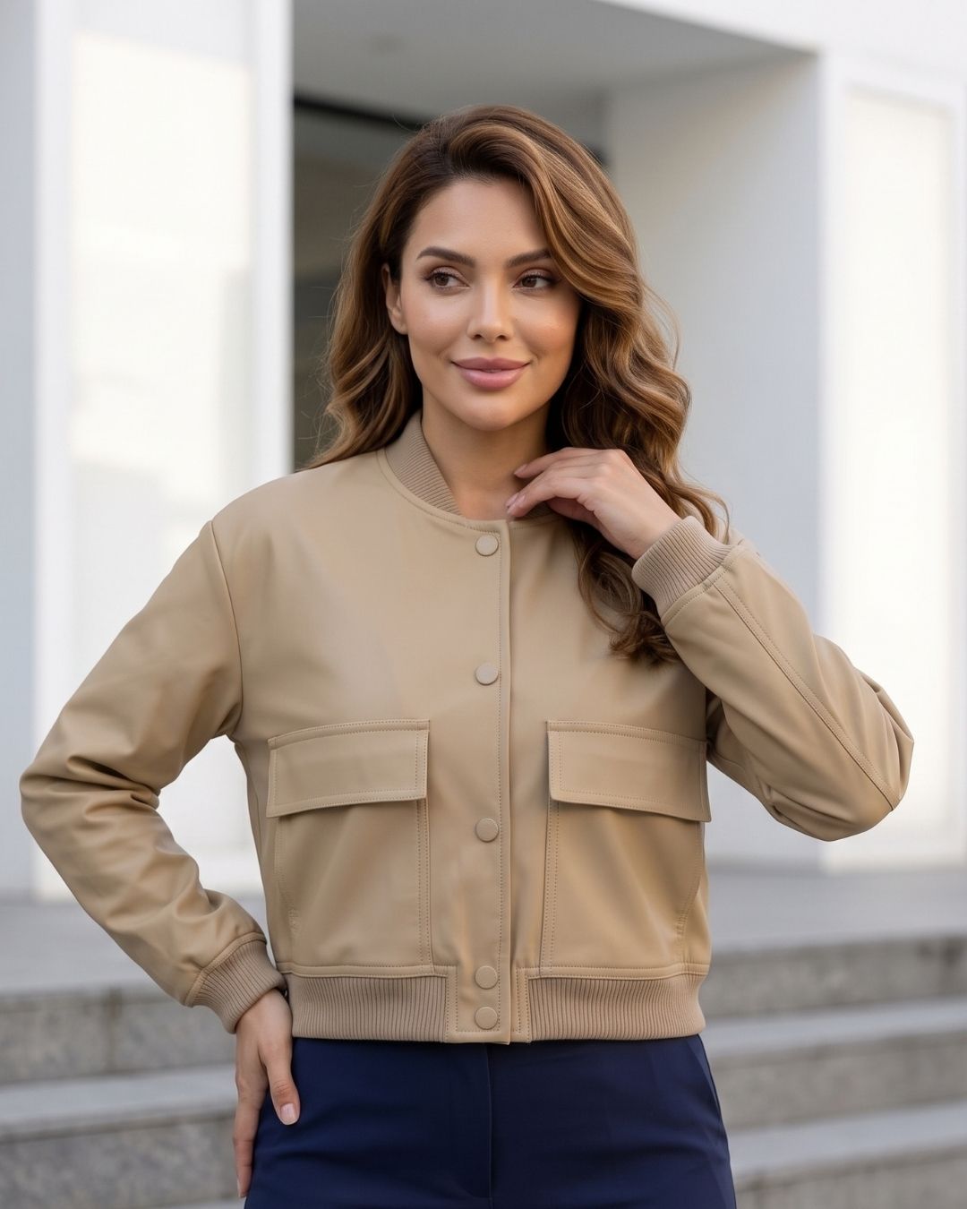 Jaqueta Bomber Cropped Com Bolsos Frontais Utilitária