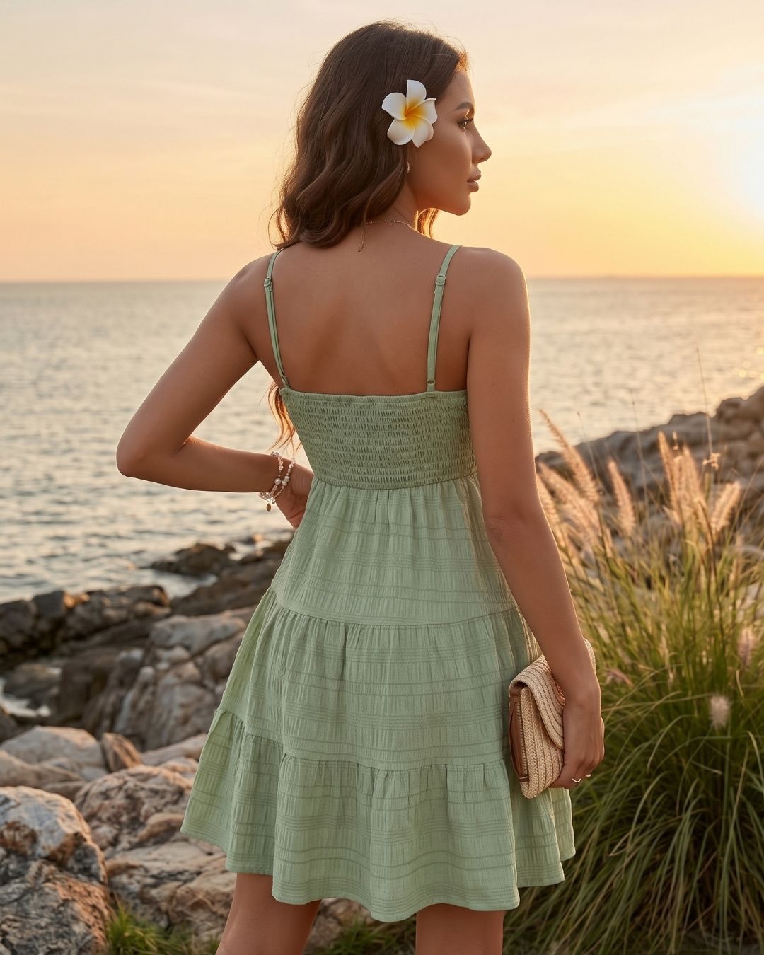 Vestido Curto Evasê Alça Fina Com Lastex E Babados Casual