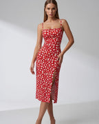 Vestido Midi Justo Alça Fina Com Fenda Estampado Floral