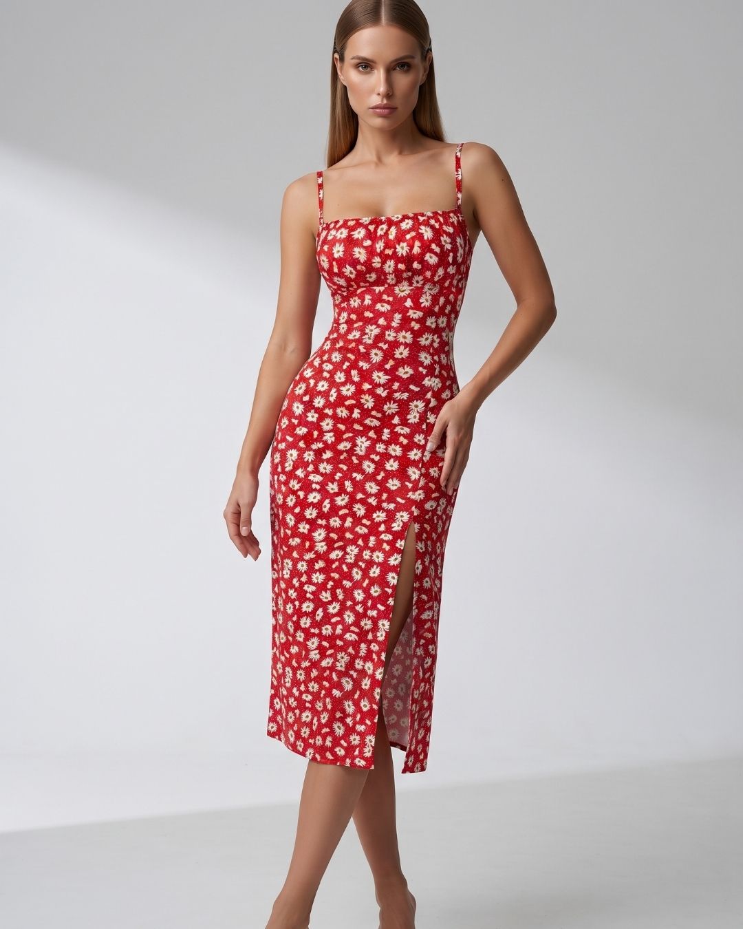 Vestido Midi Justo Alça Fina Com Fenda Estampado Floral