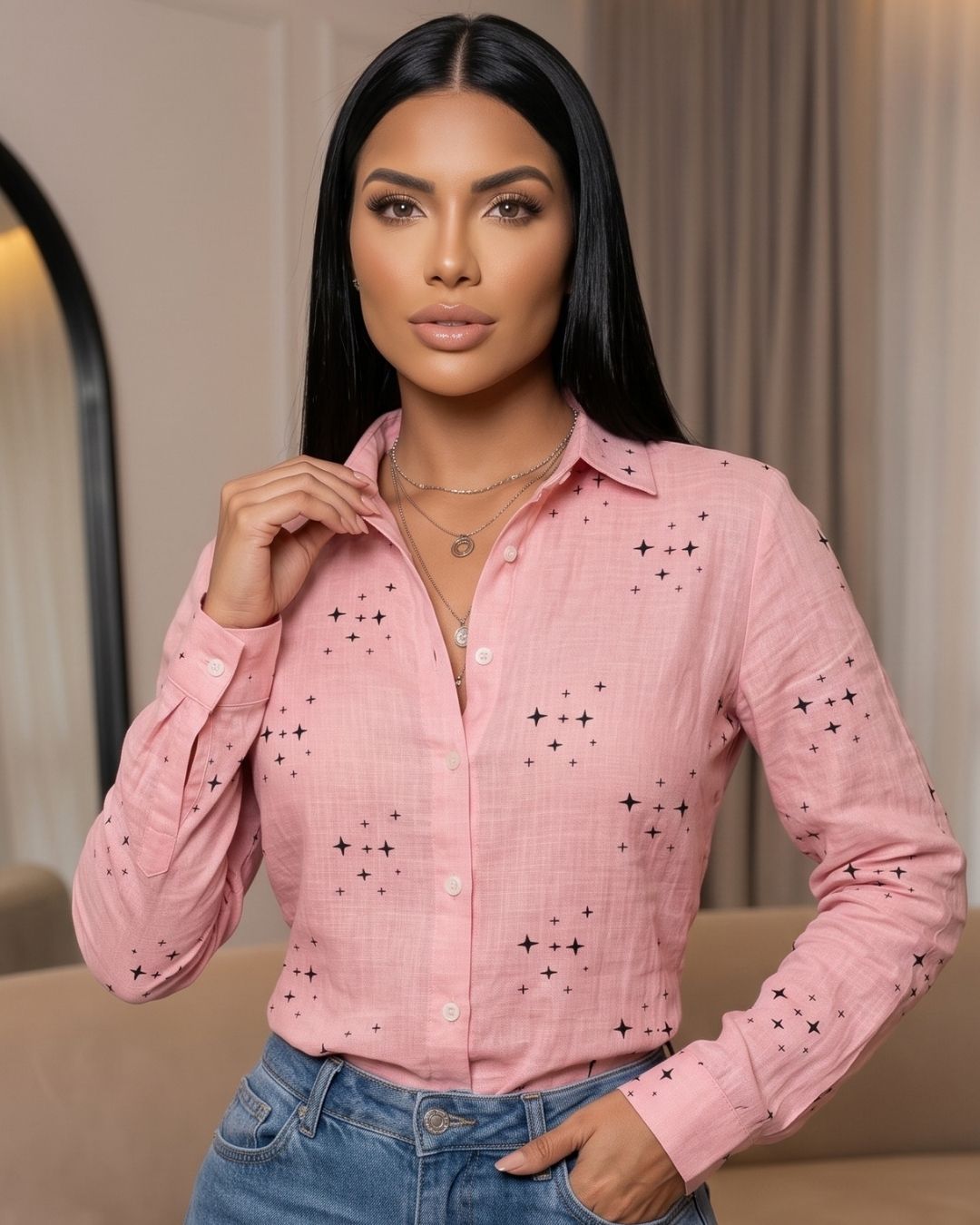 Camisa Feminina Casual Manga Longa Com Botões E Gola