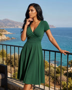 Vestido Midi Evasê Com Decote Transpassado E Manga Curta