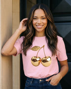 Camiseta Feminina Casual Com Estampa Cereja Metalizada