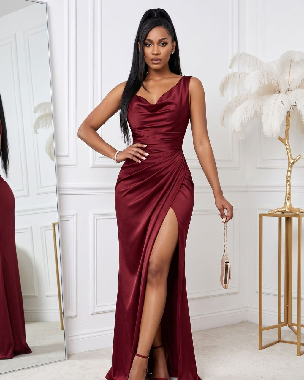 Vestido Longo Justo Decote Degagê Drapeado Com Fenda Elegante