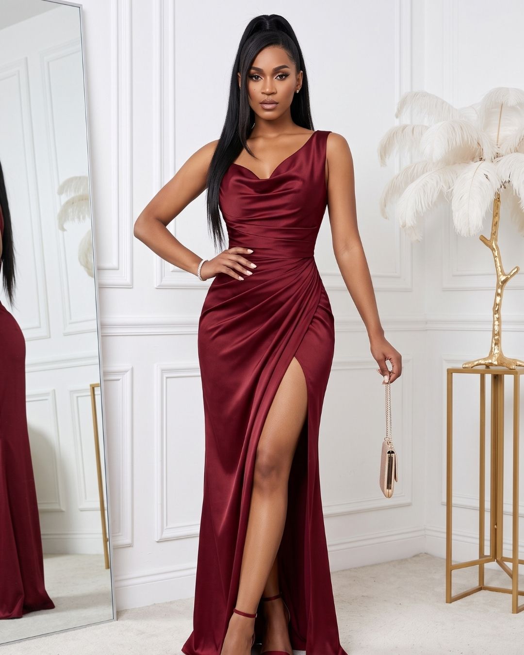 Vestido Longo Justo Decote Degagê Drapeado Com Fenda Elegante