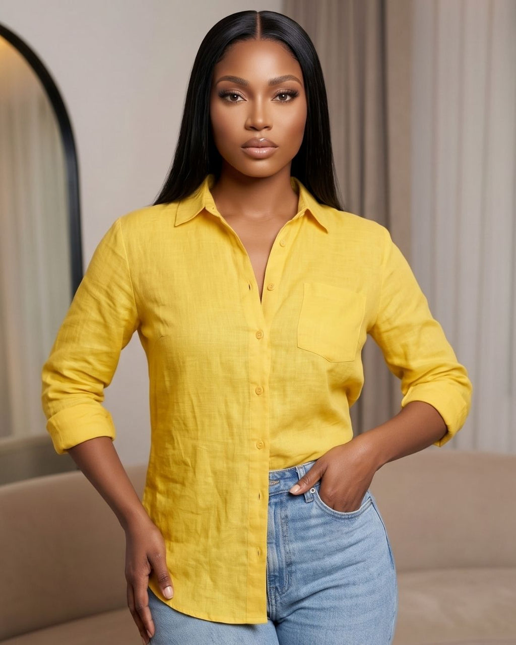 Camisa Feminina Casual Com Botões E Manga Longa