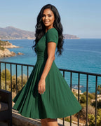 Vestido Midi Evasê Com Decote Transpassado E Manga Curta