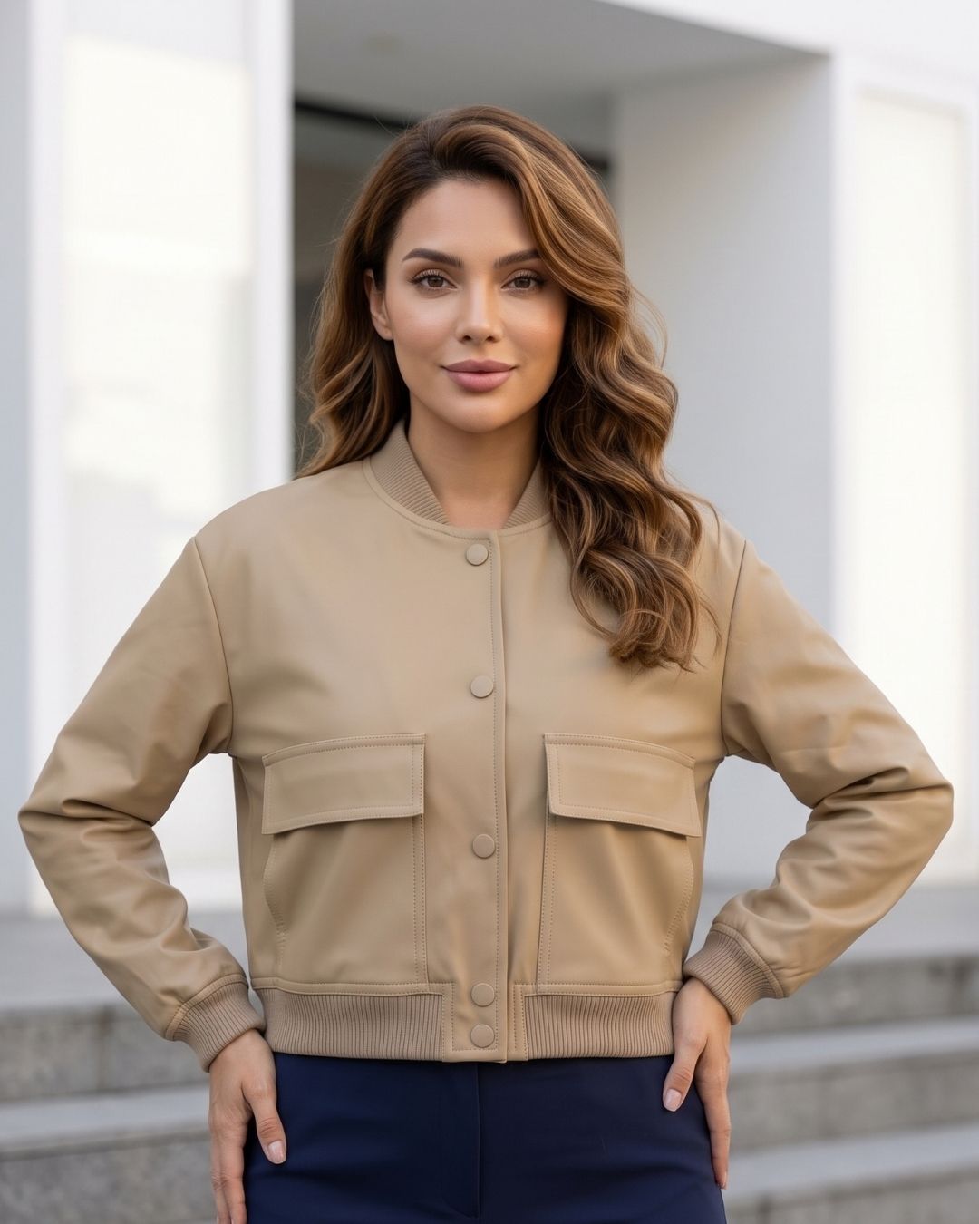 Jaqueta Bomber Cropped Com Bolsos Frontais Utilitária