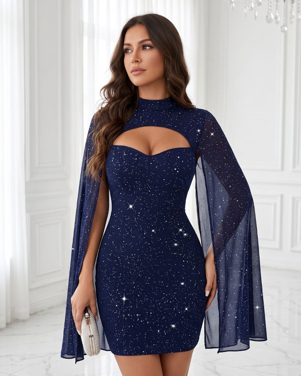 Vestido Curto Justo Com Capa Transparente E Brilho