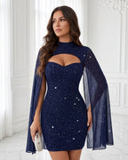 Vestido Curto Justo Com Capa Transparente E Brilho