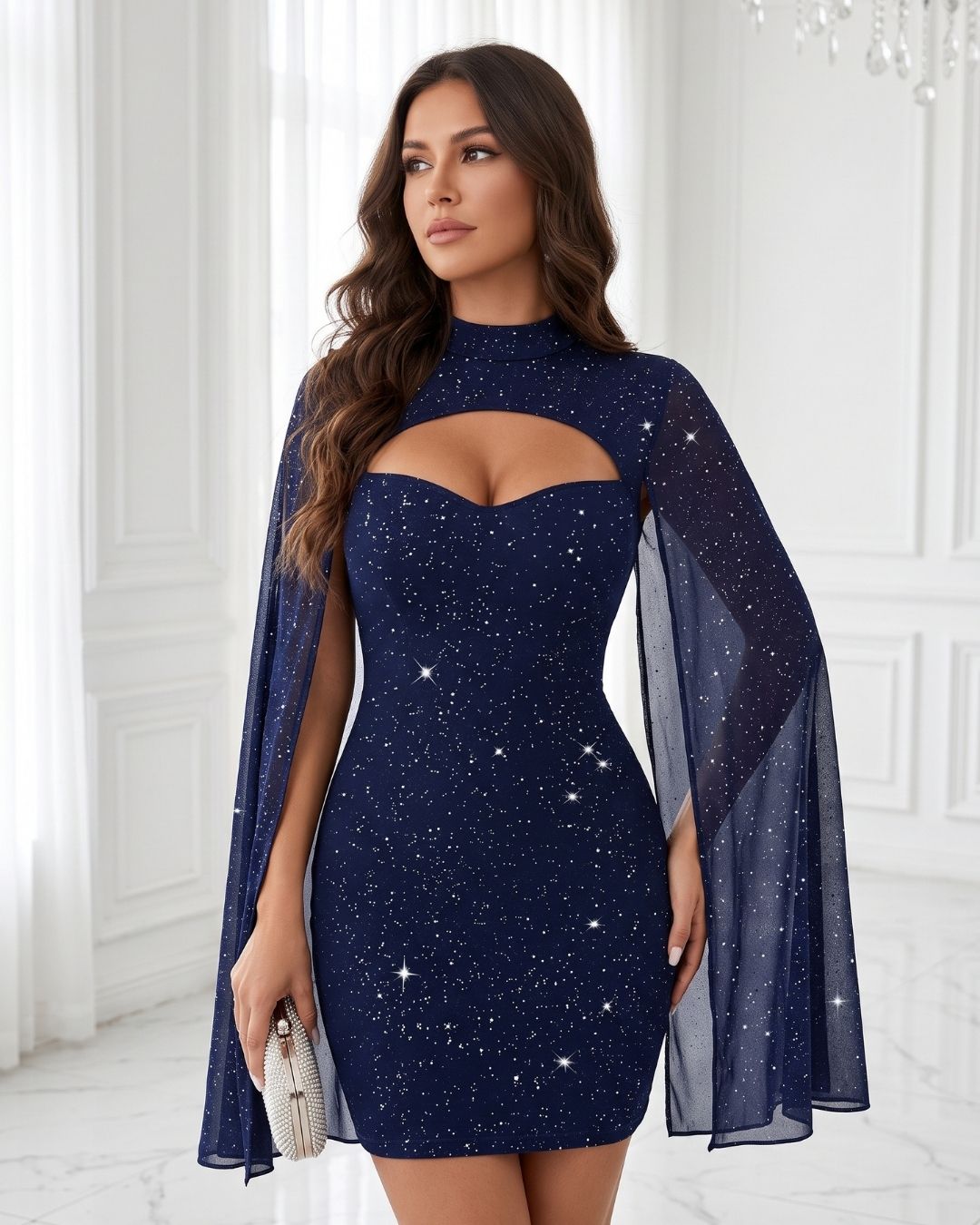 Vestido Curto Justo Com Capa Transparente E Brilho