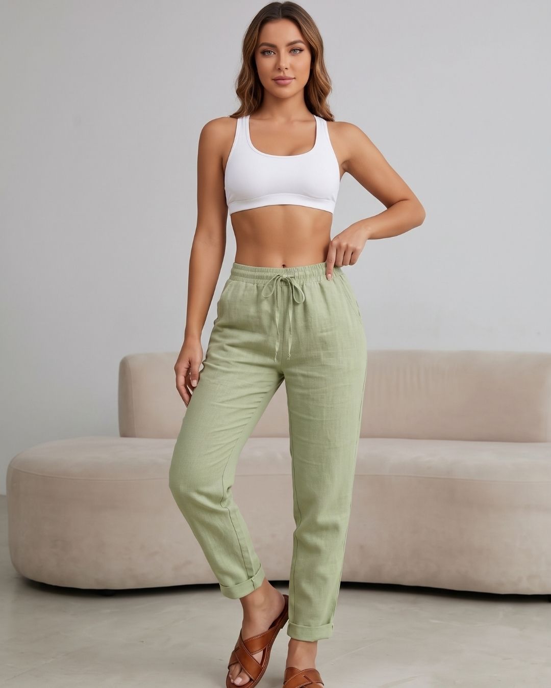 Calça Feminina Casual Com Cós Elástico E Cordão Ajustável