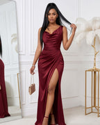Vestido Longo Justo Decote Degagê Drapeado Com Fenda Elegante
