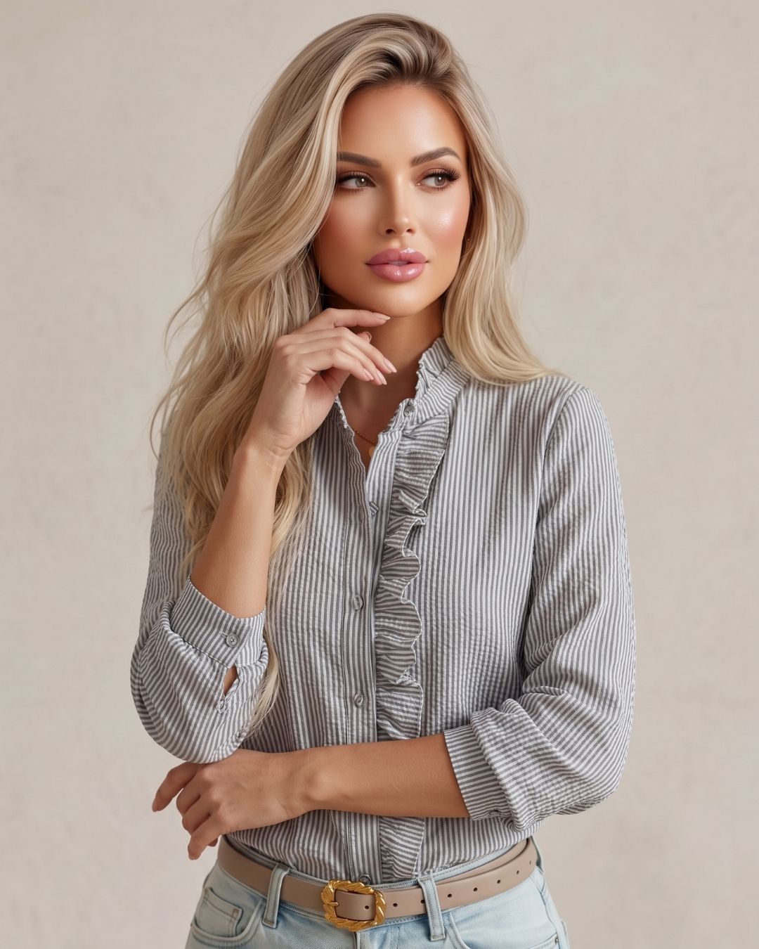 Camisa Feminina Com Babados Frontais E Manga Longa