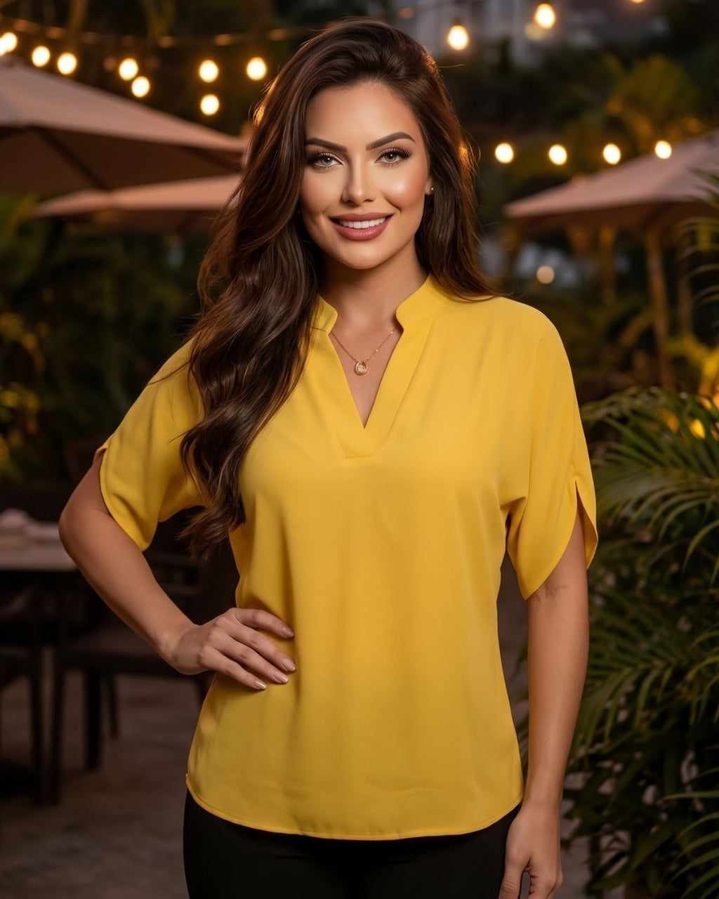 Blusa Feminina Gola V Com Manga Curta Fluida Elegante
