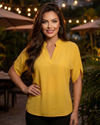 Blusa Feminina Gola V Com Manga Curta Fluida Elegante