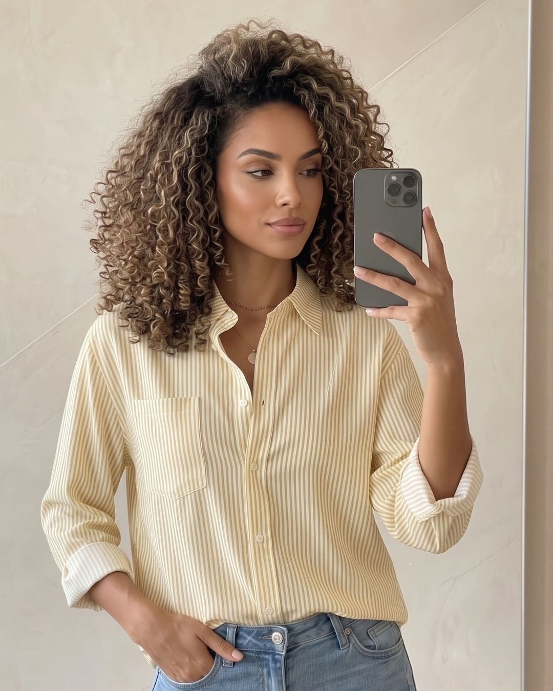 Camisa Feminina Listrada Com Botões E Bolso Frontal