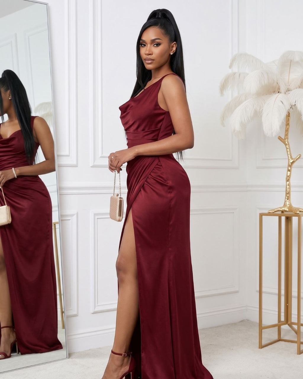 Vestido Longo Justo Decote Degagê Drapeado Com Fenda Elegante