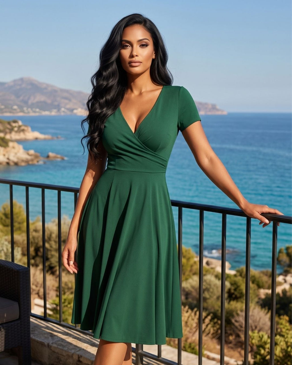 Vestido Midi Evasê Com Decote Transpassado E Manga Curta