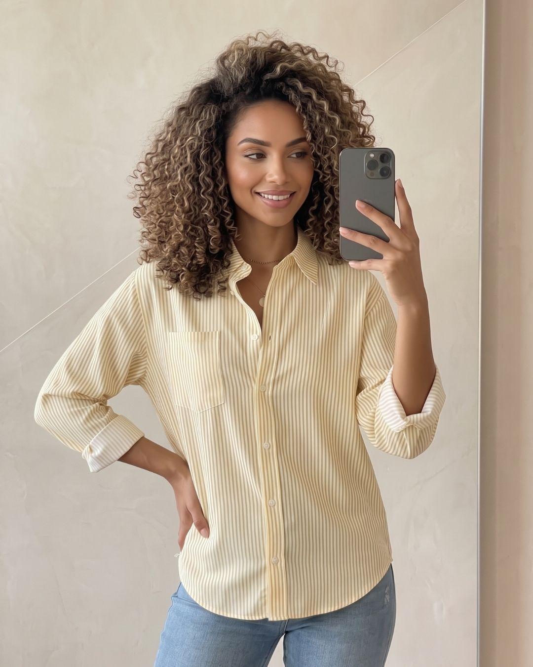 Camisa Feminina Listrada Com Botões E Bolso Frontal