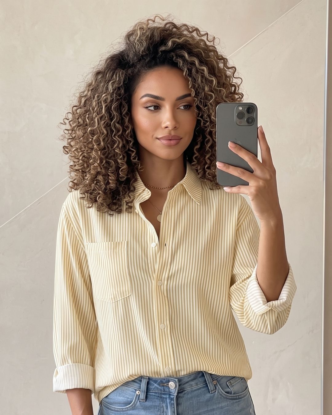 Camisa Feminina Listrada Com Botões E Bolso Frontal