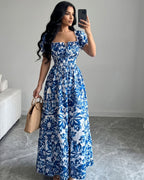 Vestido Longo Floral Com Lastex E Decote Quadrado