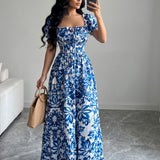 Vestido Longo Floral Com Lastex E Decote Quadrado