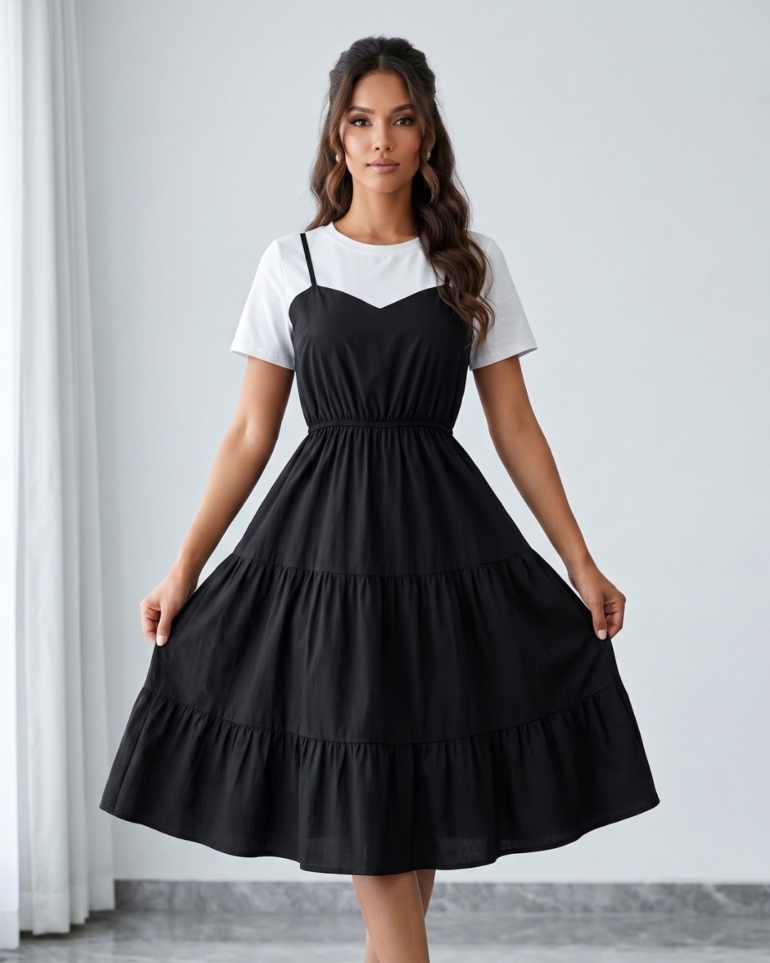 Vestido Midi 2 Em 1 Com Alças E Saia Em Camadas