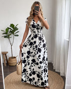 Vestido Longo Floral Com Decote V E Cintura Lastex