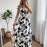 Vestido Longo Floral Com Decote V E Cintura Lastex