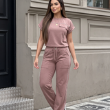 Conjunto Blusa Manga Curta E Calça Reta Com Bolsos Casual