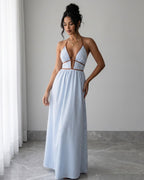 Vestido Longo Frente Única Decote V Com Recortes Listrado
