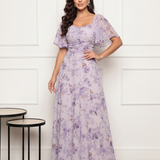 Vestido Longo Floral Com Decote Quadrado E Manga Fluida
