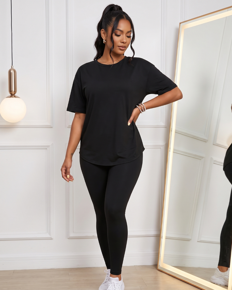 Conjunto Blusa Manga Curta E Calça Legging Básico Casual