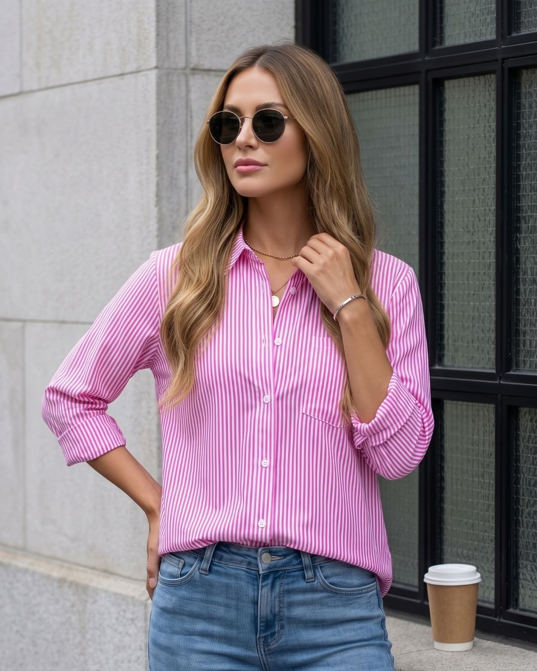 Camisa Feminina Listrada Com Botões E Bolso Frontal