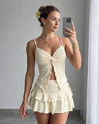 Conjunto Blusa Cropped Franzida E Saia Curta Com Babados