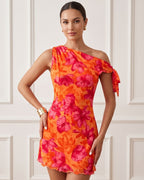 Vestido Curto Justo Ombro Único Drapeado Com Estampa Floral