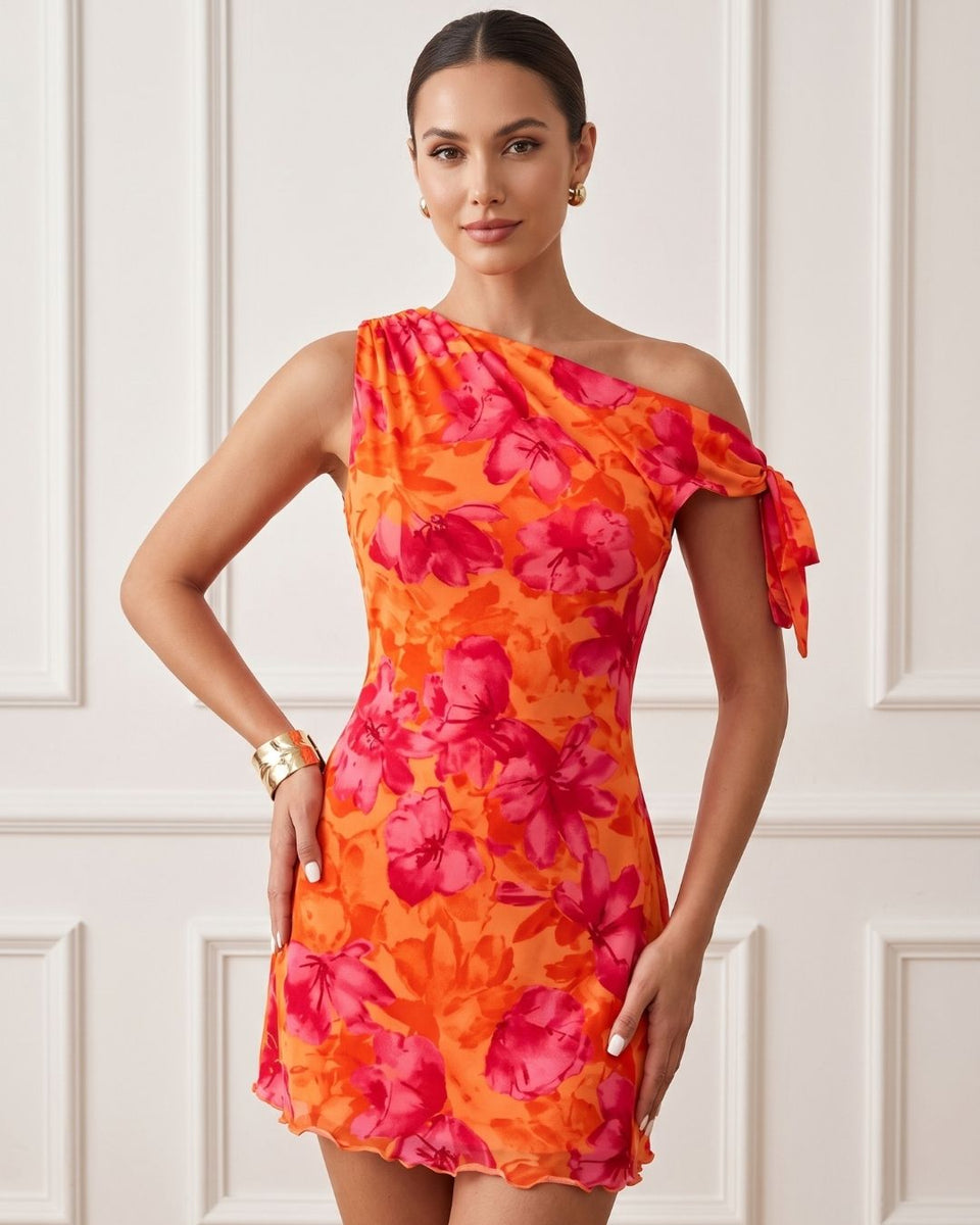 Vestido Curto Justo Ombro Único Drapeado Com Estampa Floral