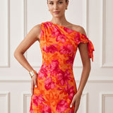 Vestido Curto Justo Ombro Único Drapeado Com Estampa Floral