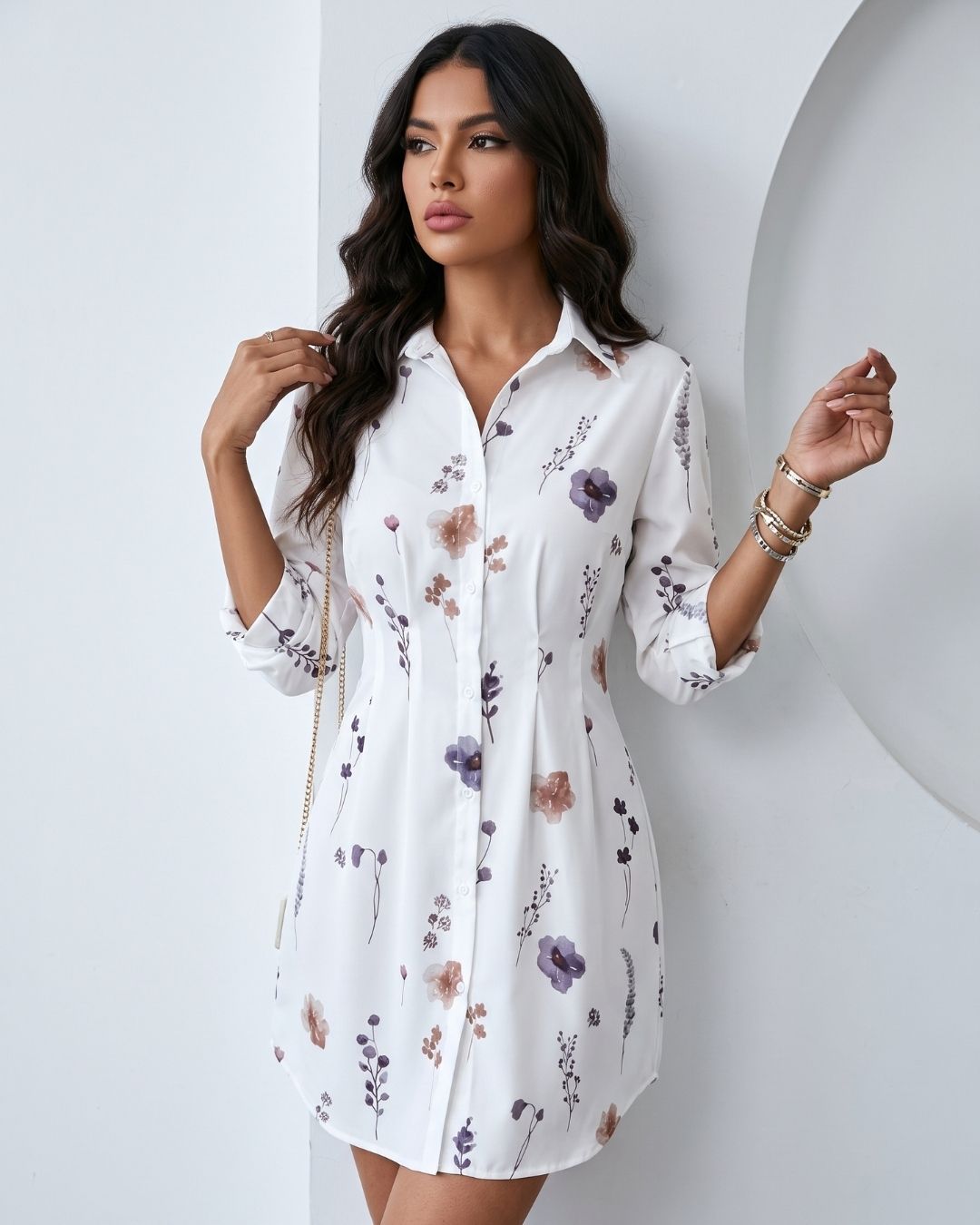 Vestido Chemise Curto Floral Com Manga Longa E Botões