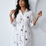Vestido Chemise Curto Floral Com Manga Longa E Botões